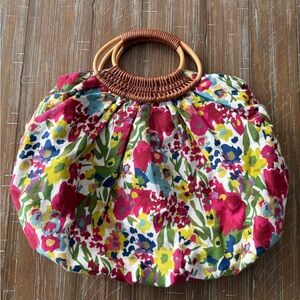 Floral Print Women's Bag with Wooden Handles
